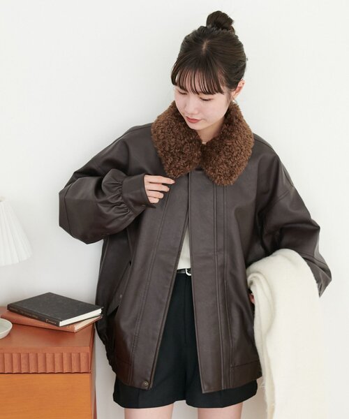 【ユニセックス】ボア衿付きフェイクレザーブルゾン ユニセックス】ボア衿付きフェイクレザーブルゾン