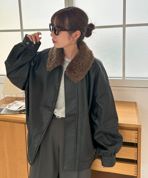 セール】【衿取り外し可能/ユニセックス】ボア衿付きフェイクレザー