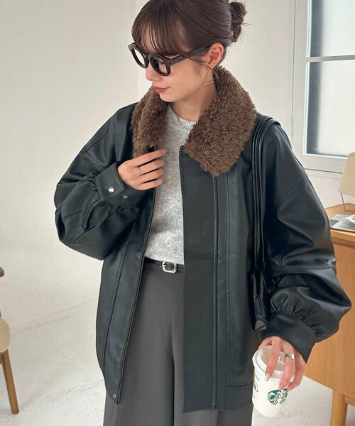 【ユニセックス】ボア衿付きフェイクレザーブルゾン Discoat｜【衿取り外し可能/ユニセックス】ボア衿付きフェイクレザー