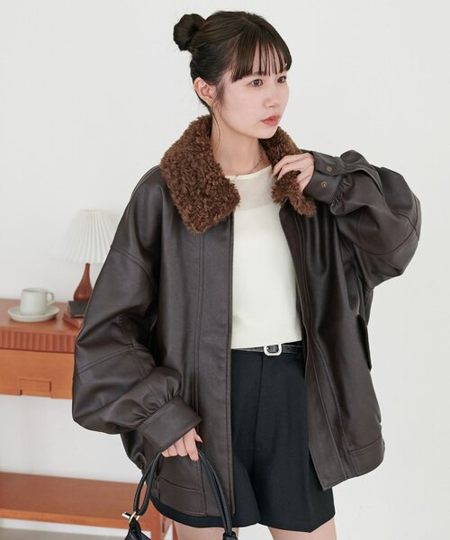 セール】【衿取り外し可能/ユニセックス】ボア衿付きフェイクレザー