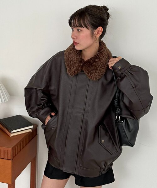 衿取り外し可能/ユニセックス】ボア衿付きフェイクレザーブルゾン