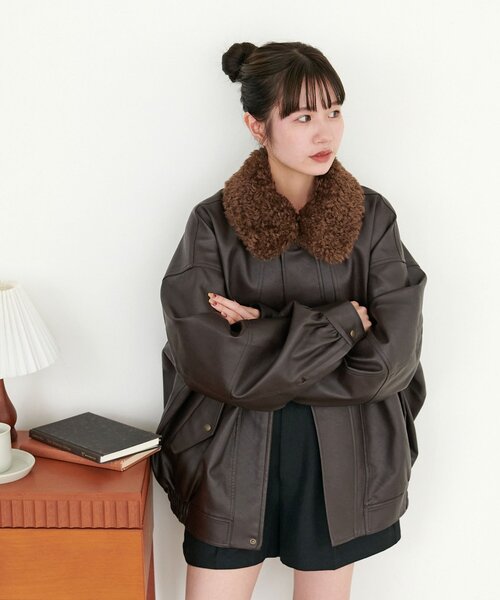 衿取り外し可能/ユニセックス】ボア衿付きフェイクレザーブルゾン