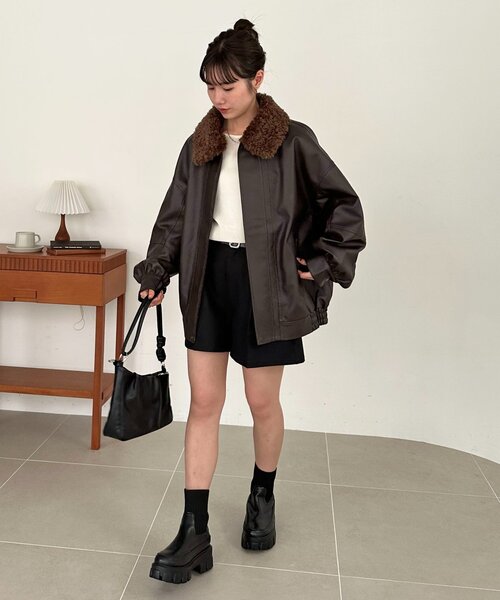 【ユニセックス】ボア衿付きフェイクレザーブルゾン 衿取り外し可能/ユニセックス】ボア衿付きフェイクレザーブルゾン