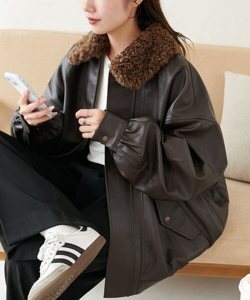 セール】【衿取り外し可能/ユニセックス】ボア衿付きフェイクレザー