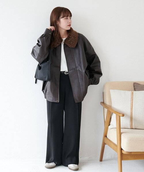 衿取り外し可能/ユニセックス】ボア衿付きフェイクレザーブルゾン