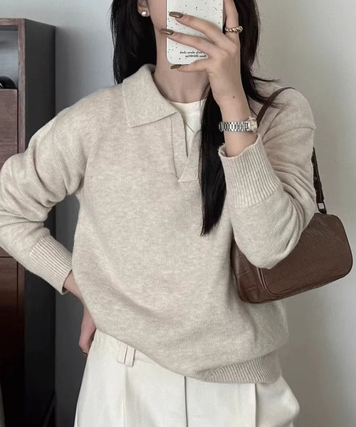 LAFFMO(ラフモ)の「ポロ襟 スキッパー長袖ニットプルオーバー(ニット/セーター・レディース・ピンク/ライトグレー/ベージュ/モカ/ダークグレー/ブラック・F)」の5枚目の写真