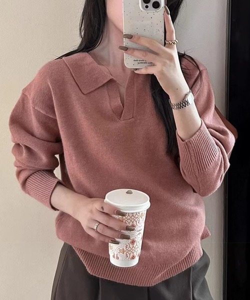 LAFFMO(ラフモ)の「ポロ襟 スキッパー長袖ニットプルオーバー(ニット/セーター・レディース・ピンク/ライトグレー/ベージュ/モカ/ダークグレー/ブラック・F)」の6枚目の写真