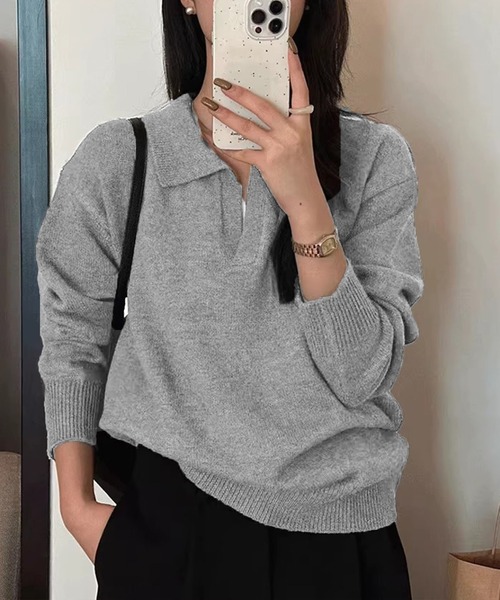 LAFFMO(ラフモ)の「ポロ襟 スキッパー長袖ニットプルオーバー(ニット/セーター・レディース・ピンク/ライトグレー/ベージュ/モカ/ダークグレー/ブラック・F)」の2枚目の写真