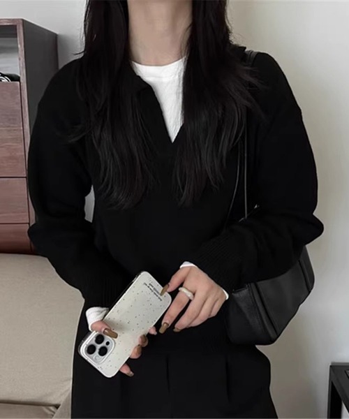 LAFFMO(ラフモ)の「ポロ襟 スキッパー長袖ニットプルオーバー(ニット/セーター・レディース・ピンク/ライトグレー/ベージュ/モカ/ダークグレー/ブラック・F)」の1枚目の写真