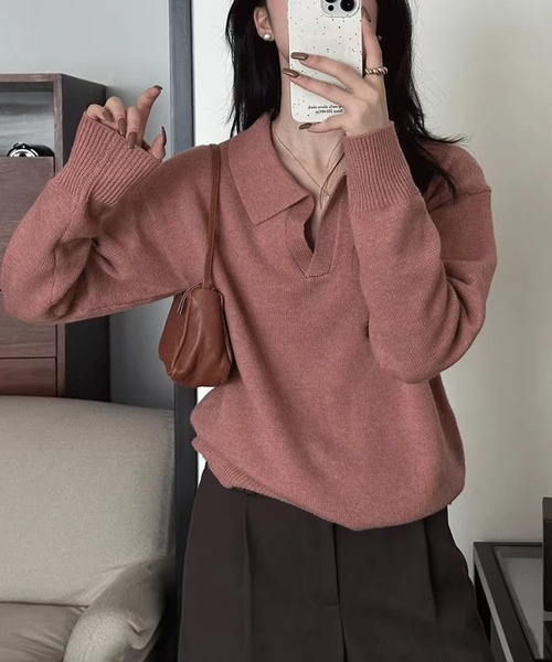 LAFFMO(ラフモ)の「ポロ襟 スキッパー長袖ニットプルオーバー(ニット/セーター・レディース・ピンク/ライトグレー/ベージュ/モカ/ダークグレー/ブラック・F)」の19枚目の写真