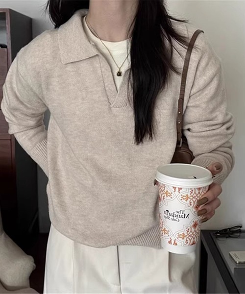 LAFFMO(ラフモ)の「ポロ襟 スキッパー長袖ニットプルオーバー(ニット/セーター・レディース・ピンク/ライトグレー/ベージュ/モカ/ダークグレー/ブラック・F)」の16枚目の写真