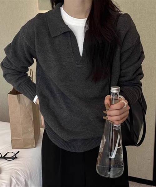 LAFFMO(ラフモ)の「ポロ襟 スキッパー長袖ニットプルオーバー(ニット/セーター・レディース・ピンク/ライトグレー/ベージュ/モカ/ダークグレー/ブラック・F)」の10枚目の写真