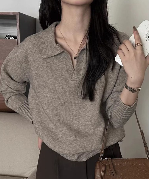 LAFFMO(ラフモ)の「ポロ襟 スキッパー長袖ニットプルオーバー(ニット/セーター・レディース・ピンク/ライトグレー/ベージュ/モカ/ダークグレー/ブラック・F)」の15枚目の写真