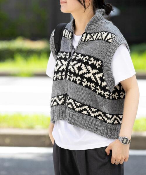 EKAL（エカル）の「ウール混カウチンベスト（ベスト・レディース・グレー/アイボリー・ONE）」の2枚目の写真