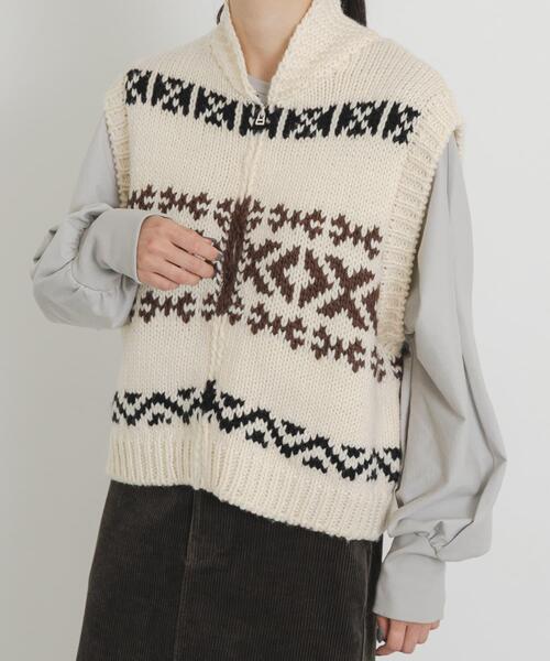 EKAL（エカル）の「ウール混カウチンベスト（ベスト・レディース・グレー/アイボリー・ONE）」の3枚目の写真