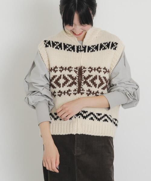 EKAL（エカル）の「ウール混カウチンベスト（ベスト・レディース・グレー/アイボリー・ONE）」の4枚目の写真