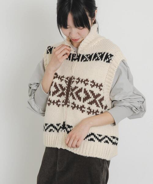 EKAL（エカル）の「ウール混カウチンベスト（ベスト・レディース・グレー/アイボリー・ONE）」の5枚目の写真