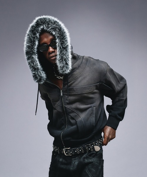 Diagram黒 レザーファージャケット セール】Asymmetrical Switch Faux Fur Parker / アシンメトリカル