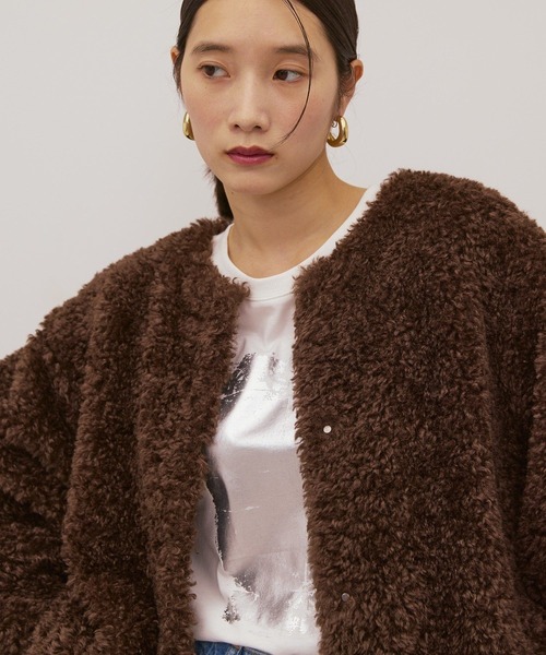 ノーカラーフェイクファーコート（その他アウター）｜AMERICAN HOLIC