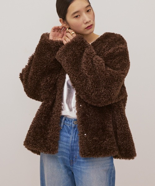 ノーカラーファーコート コート アウター ノーカラー ショート丈 フェイクファーコート