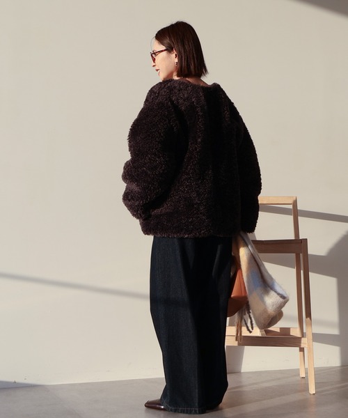 新品 LOUNIE♡定価4.2万 ノーカラー フェイクファー コート ブラック セール】ノーカラーフェイクファーコート（その他アウター）｜AMERICAN