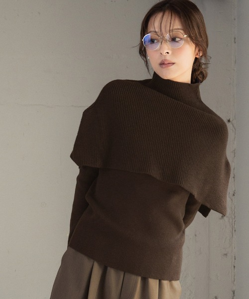 ELFRANK(エルフランク)の「3wayポンチョセット ニット 長袖 リブニット トップス 秋 秋冬 プルオーバー ハイネック 冬 レディース(ニット/セーター・レディース・アイボリー/ブラック/ダークパープル/チャコールグレー/ブラウン・FREE)」の4枚目の写真