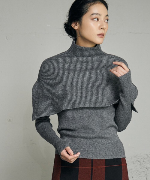 ELFRANK(エルフランク)の「3wayポンチョセット ニット 長袖 リブニット トップス 秋 秋冬 プルオーバー ハイネック 冬 レディース(ニット/セーター・レディース・アイボリー/ブラック/ダークパープル/チャコールグレー/ブラウン・FREE)」の1枚目の写真