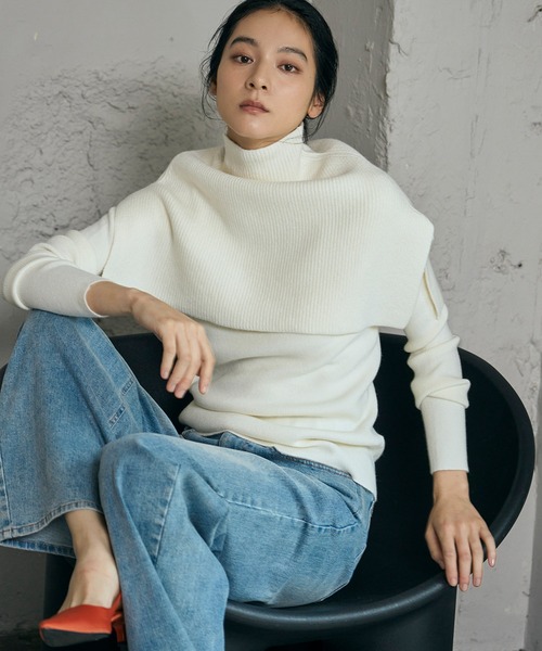 ELFRANK(エルフランク)の「3wayポンチョセット ニット 長袖 リブニット トップス 秋 秋冬 プルオーバー ハイネック 冬 レディース(ニット/セーター・レディース・アイボリー/ブラック/ダークパープル/チャコールグレー/ブラウン・FREE)」の2枚目の写真