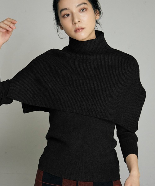 ELFRANK(エルフランク)の「3wayポンチョセット ニット 長袖 リブニット トップス 秋 秋冬 プルオーバー ハイネック 冬 レディース(ニット/セーター・レディース・アイボリー/ブラック/ダークパープル/チャコールグレー/ブラウン・FREE)」の3枚目の写真
