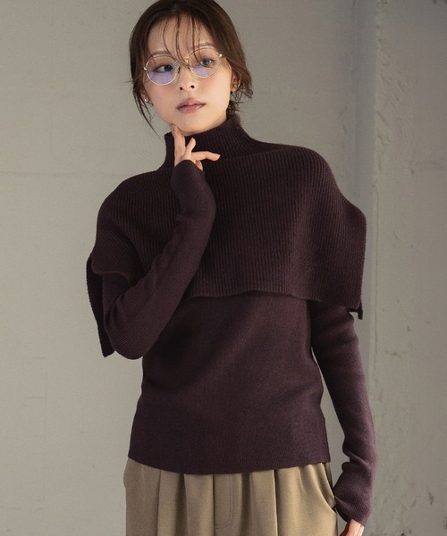 ELFRANK(エルフランク)の「3wayポンチョセット ニット 長袖 リブニット トップス 秋 秋冬 プルオーバー ハイネック 冬 レディース(ニット/セーター・レディース・アイボリー/ブラック/ダークパープル/チャコールグレー/ブラウン・FREE)」の6枚目の写真