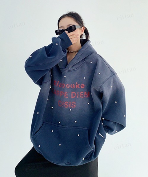 Dalfwin(ダールフィン)の「韓国ファッション Ricecakeパールスタッズグラデーションデザインフーディー(パーカー・レディース・レッド/ホワイト/ネイビー・FREE)」の20枚目の写真