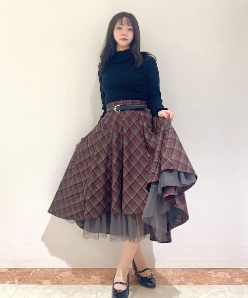 an another angelus（アンアナザーアンジェラス）の「【セットアップ対応】フロントチュールチェックフレアースカート（スカート・レディース・ライトブルー/ブラック×レッド・FREE）」の3枚目の写真