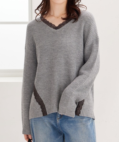BELLUNA PLUS(ベルーナ)の「レース使いあぜ編ニットプルオーバー(ニット/セーター・レディース・イエロー/ネイビー/杢グレー・MEDIUM/LARGE/X-LARGE)」の11枚目の写真
