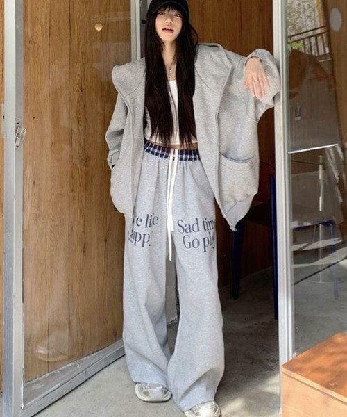 セール】【CANVAS＋】配色ショートパーカー×パンツセットアップ