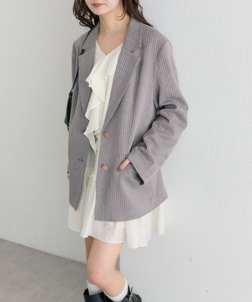$*$様 Stone  ストライプ テーラードジャケット グレー・ネイビー ストライプ テーラードジャケット