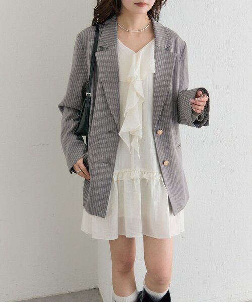 mystic（ミスティック）の「ストライプテーラードジャケット（テーラードジャケット・レディース・グレー/ベージュ・FREE）」の5枚目の写真