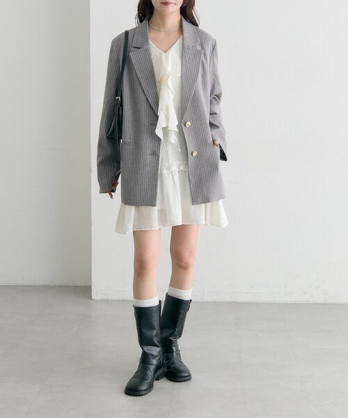 mystic（ミスティック）の「ストライプテーラードジャケット（テーラードジャケット・レディース・グレー/ベージュ・FREE）」の7枚目の写真