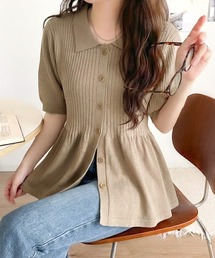 classicalelf（クラシカルエルフ）の「'メリハリ'シルエットで即きれい見え♪ポロ襟ペプラム5分袖リブニットプルオーバー（ニット/セーター）」