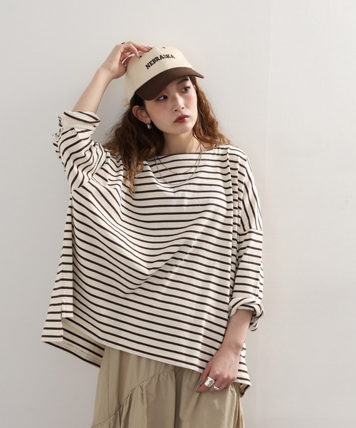 Arinomama(アリノママ)の「Arinomama ワイドボーダーロンT(Tシャツ/カットソー・レディース・ピンク系その他/ホワイト×ブラウン/ホワイト×ネイビー/ブラック×グレー・FREE)」の3枚目の写真