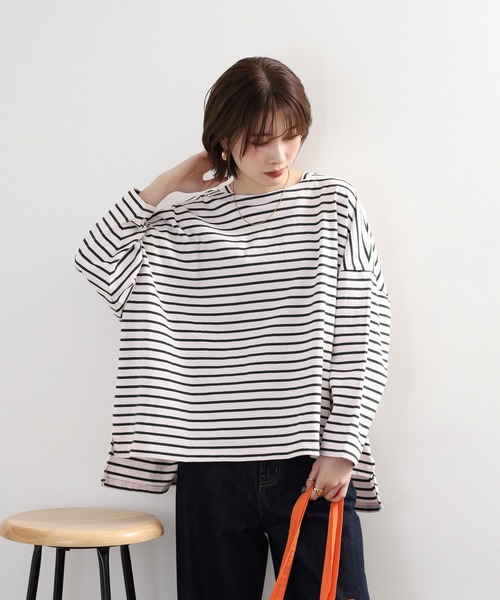 Arinomama(アリノママ)の「Arinomama ワイドボーダーロンT(Tシャツ/カットソー・レディース・ピンク系その他/ホワイト×ブラウン/ホワイト×ネイビー/ブラック×グレー・FREE)」の1枚目の写真