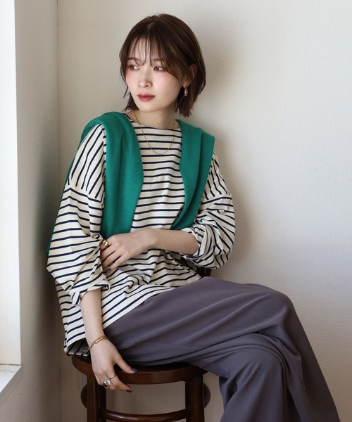 Arinomama(アリノママ)の「Arinomama ワイドボーダーロンT(Tシャツ/カットソー・レディース・ピンク系その他/ホワイト×ブラウン/ホワイト×ネイビー/ブラック×グレー・FREE)」の2枚目の写真
