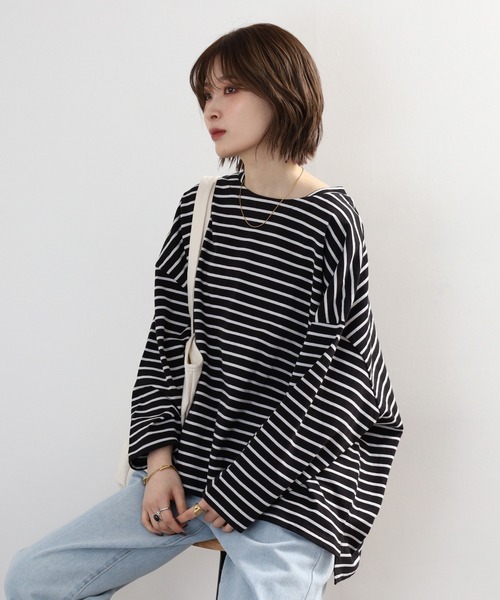Arinomama(アリノママ)の「Arinomama ワイドボーダーロンT(Tシャツ/カットソー・レディース・ピンク系その他/ホワイト×ブラウン/ホワイト×ネイビー/ブラック×グレー・FREE)」の4枚目の写真