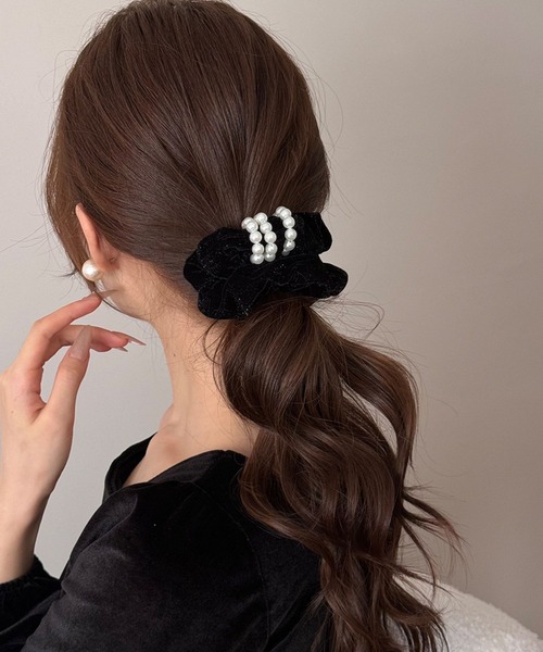 セール】パール調付き ベロア シュシュ ヘアアクセサリー（シュシュ