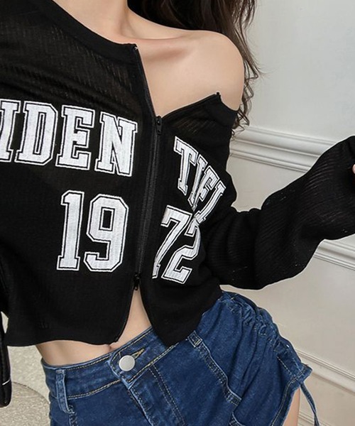 meJane（ミージェーン）の「Wジップ リブテレコ カレッジロゴカットソーカーデ（Tシャツ/カットソー・レディース・ブラック/ホワイト・FREE）」の2枚目の写真