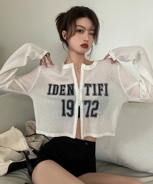 meJane（ミージェーン）の「Wジップ リブテレコ カレッジロゴカットソーカーデ（Tシャツ/カットソー・レディース・ブラック/ホワイト・FREE）」の3枚目の写真