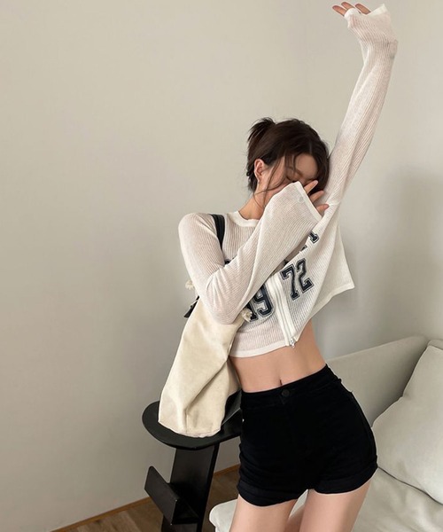 meJane（ミージェーン）の「Wジップ リブテレコ カレッジロゴカットソーカーデ（Tシャツ/カットソー・レディース・ブラック/ホワイト・FREE）」の6枚目の写真