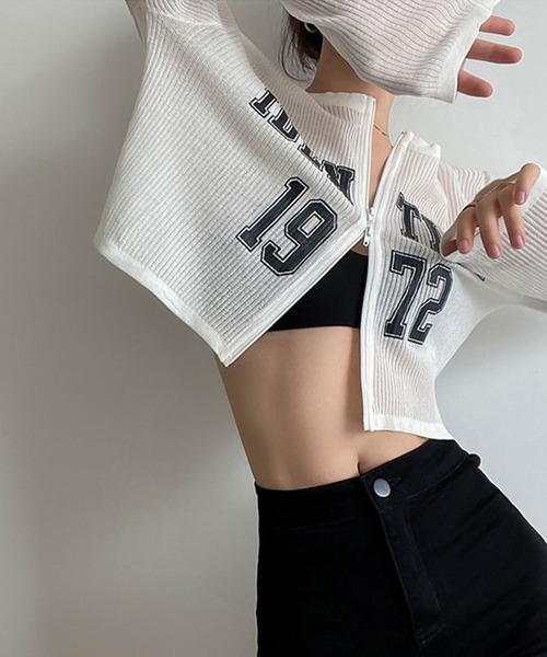 meJane（ミージェーン）の「Wジップ リブテレコ カレッジロゴカットソーカーデ（Tシャツ/カットソー・レディース・ブラック/ホワイト・FREE）」の7枚目の写真