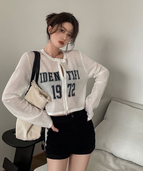 meJane（ミージェーン）の「Wジップ リブテレコ カレッジロゴカットソーカーデ（Tシャツ/カットソー・レディース・ブラック/ホワイト・FREE）」の9枚目の写真