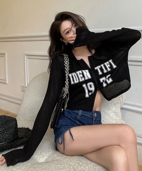 meJane（ミージェーン）の「Wジップ リブテレコ カレッジロゴカットソーカーデ（Tシャツ/カットソー・レディース・ブラック/ホワイト・FREE）」の14枚目の写真