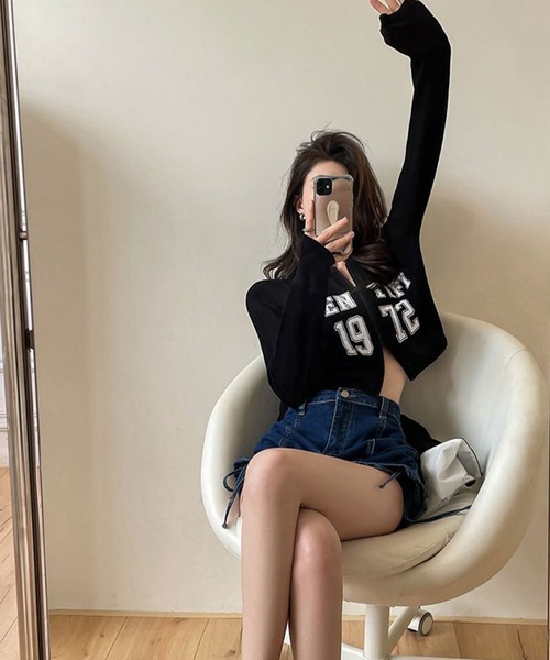 meJane（ミージェーン）の「Wジップ リブテレコ カレッジロゴカットソーカーデ（Tシャツ/カットソー・レディース・ブラック/ホワイト・FREE）」の15枚目の写真